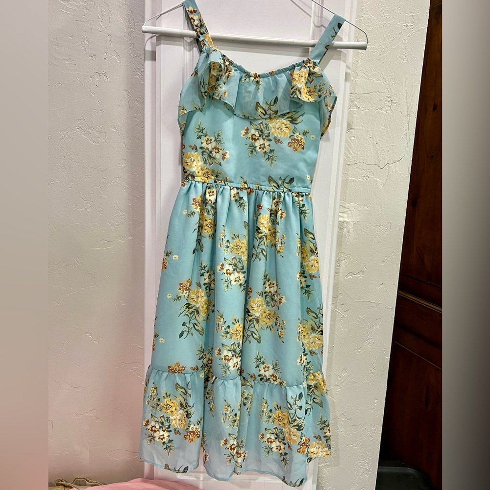 Dressy formal summer flowers blue dress girls